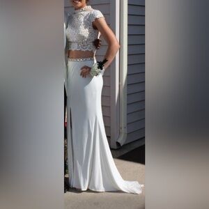 Aris White Two-Piece Lace Bodice Prom Gown